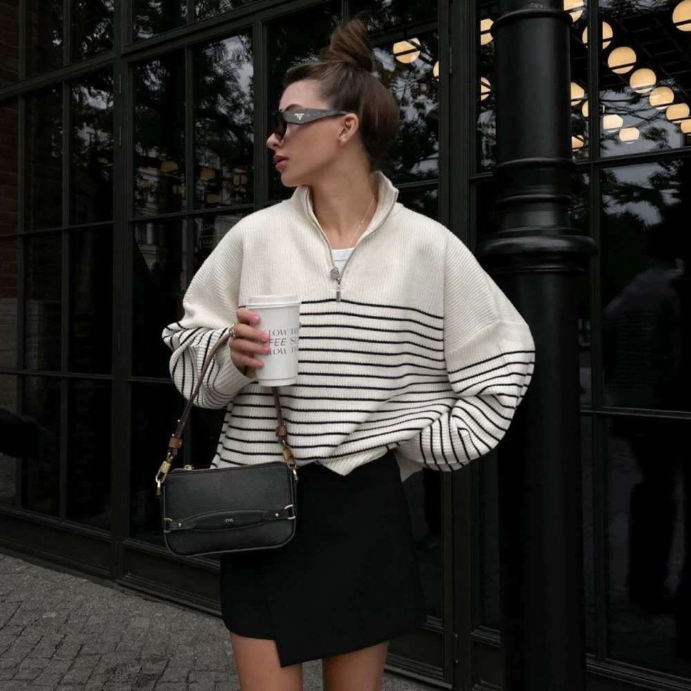 ZARA Spring Minimalist Striped Collared Half Zip Knit Sweater Women